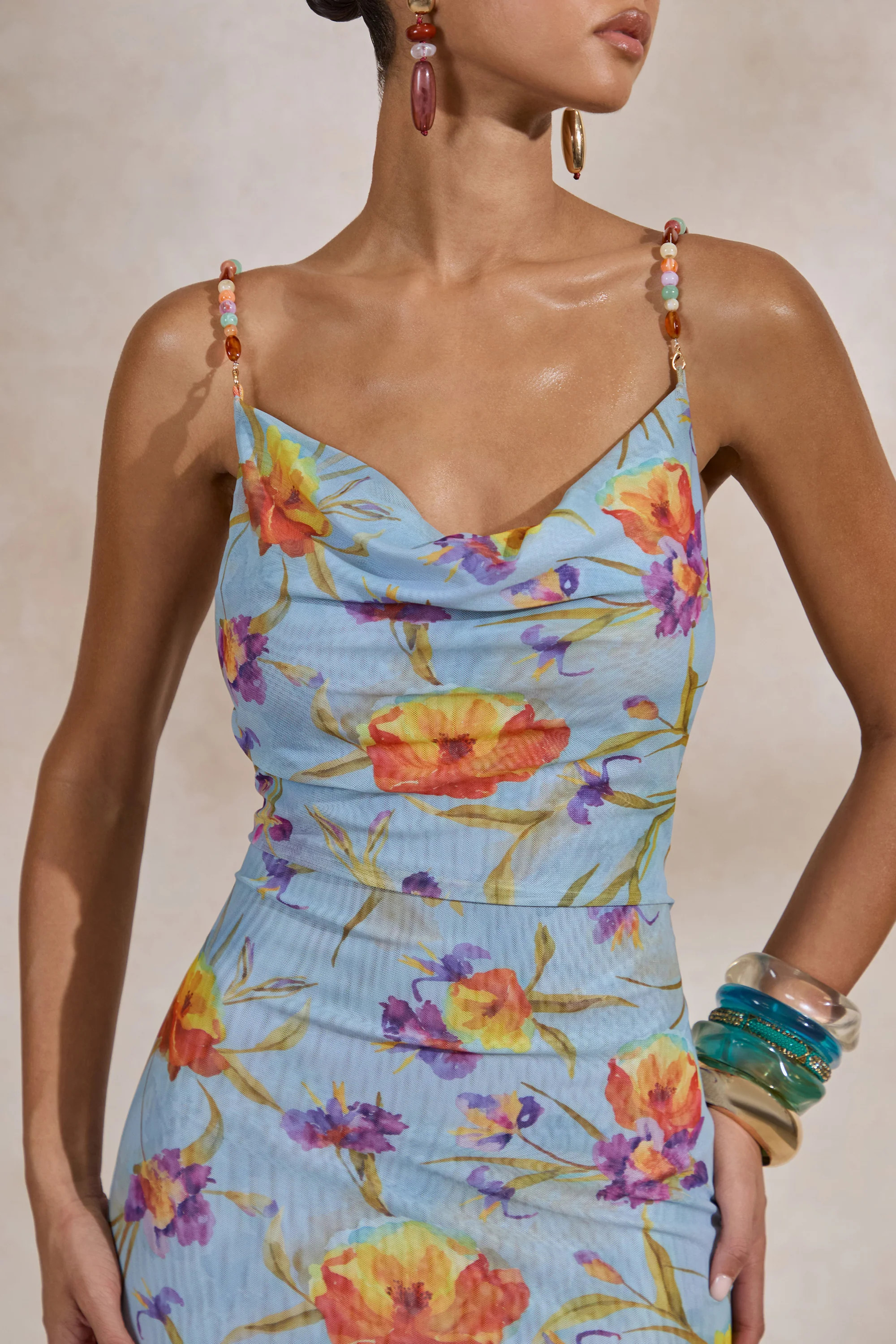 Raisa | Blue Floral Mesh Cowl-Neck Maxi Dress | Club L London