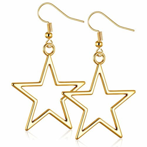 Gold Star Earrings, Simple Hollow Star Hoop Earrings Stainless Steel Star Drop Dangle Earring for Party Wedding Daily Use | Amazon (US)