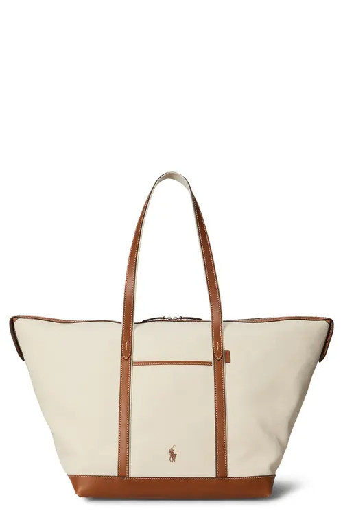 Polo Ralph Lauren Large Leather Trim Canvas Shopper Tote in Ecru/Cuoio at Nordstrom | Nordstrom