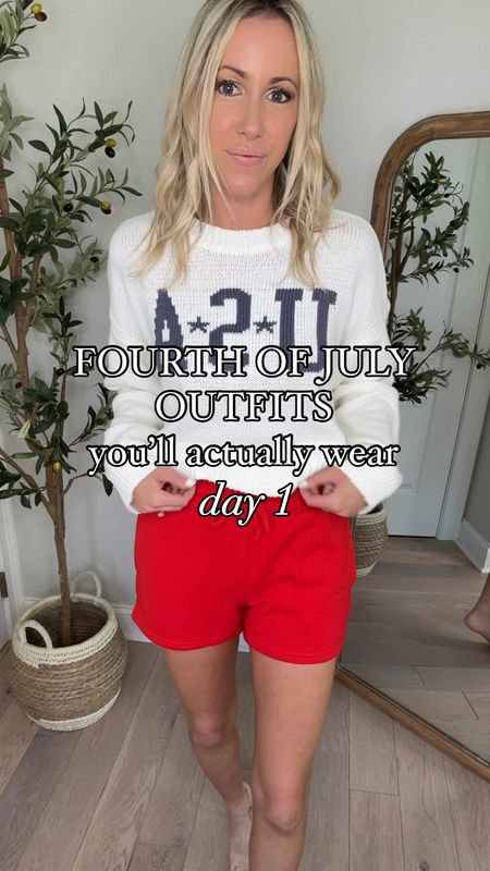 It’s day 1 of my new series: Fourth of July Outfits (you’ll actually wear)! Follow along for day 2! 🇺🇸 

I love dressing for the holidays, but I love it even more when you can find a festive outfit that can be worn again at a later date! Or that’s cute, but also comfy and realistic. These $14 shorts have an elastic waistband and pockets! Wearing xs, XXS-4X available and lots of colors! The sweater is so cozy, not itchy! I sized up to the medium in the sweater for an oversized feel, available XS-3X. 

Oversized sweater, casual shorts, comfy shorts, summer outfit, realistic outfit, easy outfit, comfy outfit, Fourth of July outfit inspo, USA sweater, red shorts 

#LTKStyleTip #LTKSeasonal #LTKFindsUnder50