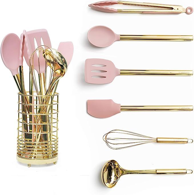 Gold & Pink Kitchen Utensil Set with Holder - Pink Cooking Utensils:Gold Whisk,Gold Ladle,Pink Sp... | Amazon (US)