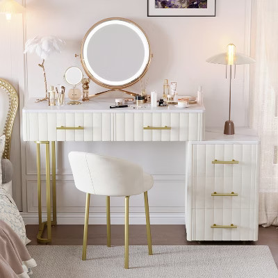 Gulches Beige Velvet Upholstered Vanity Desk,Chair 5 Big Drawers, Marble-Look Top, Adjustable Storage, Gold Metal Legs/Handles, Dressing Table | Target
