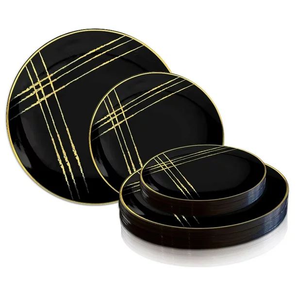 Smarty Black Gold Brushstroke Disposable Plastic Dinnerware Value Set 240ct | Walmart (US)