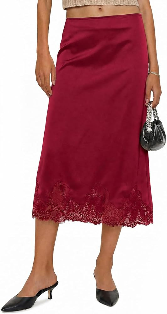 Cicy Bell Womens Silk Satin Midi Skirts Casual Dressy Lace Hem High Waisted A-Line Skirt Elegant ... | Amazon (US)