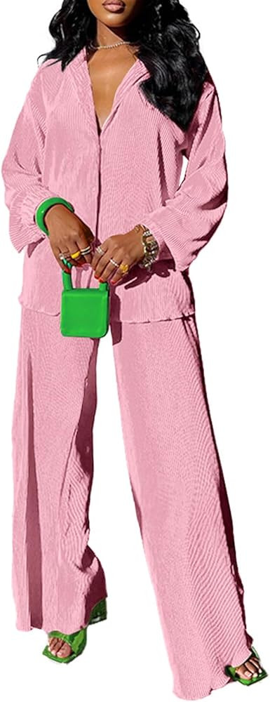 Halfword 2 Piece Outfits for Women Casual Pleated Linen Long Sleeve Button Down Shirt Wide Leg Lo... | Amazon (US)