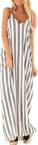 DOLDOA Maxi Dress for Women,Ladies Casual Loose Spaghetti Strap Striped Print Plus Size Dresses | Amazon (UK)