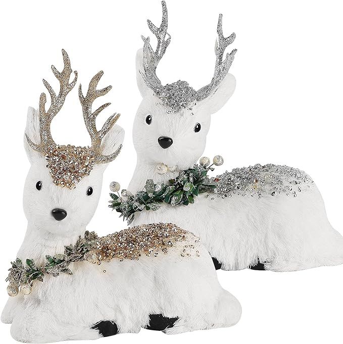 Lulu Home Christmas Tabletop Ornaments, 2 Packs Flocking White Lying Reindeer Figurines with Gold... | Amazon (US)