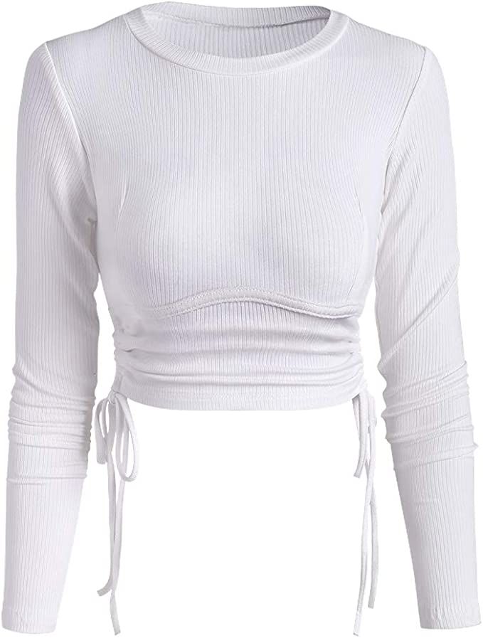 ZAFUL Women's Long Sleeve Crop Top Crew Neck Ribbed Slim Fitted Basic T-Shirt | Amazon (US)