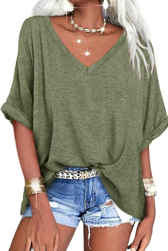 UNCLECAT Women's V Neck Oversized T-Shirts Summer Short Sleeve Shirts Loose Casual Tops Tee | Amazon (US)