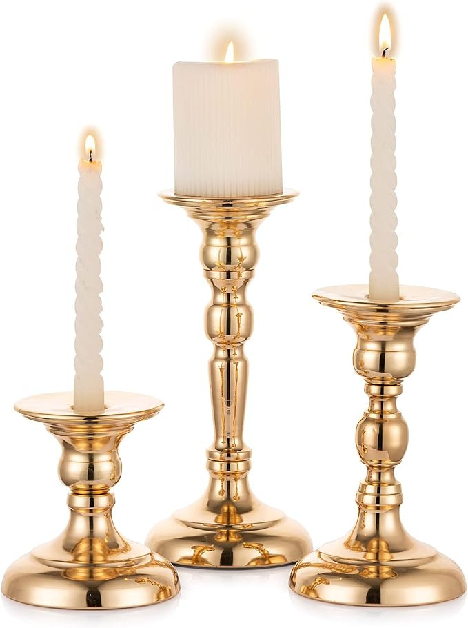Sziqiqi Gold Candle Holders for Pillar Candles Candlestick Holders Set of 3 Taper Candle Holder f... | Amazon (US)