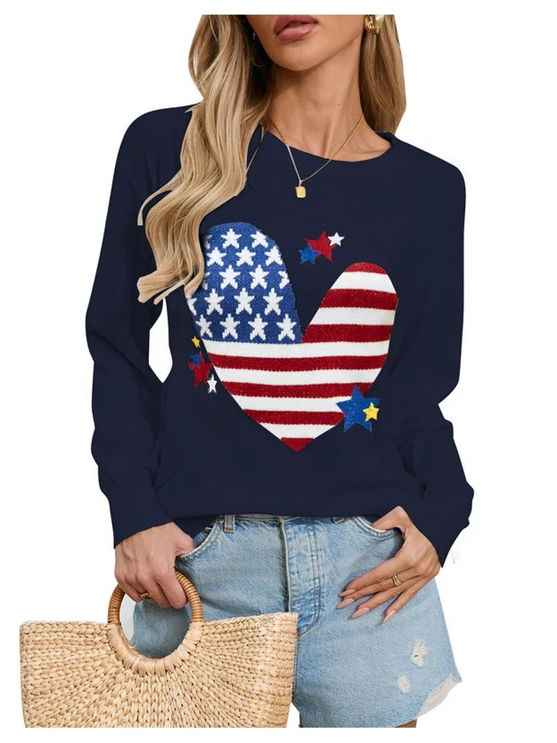 American Flag Graphic Sweaters for Women 4th of July Crew Neck Heart Sweater Long Sleeve Casual K... | Walmart (US)