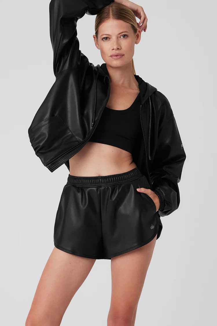 Faux Leather Power Hour Full Zip Cropped Jacket - Black | Alo Yoga (US)