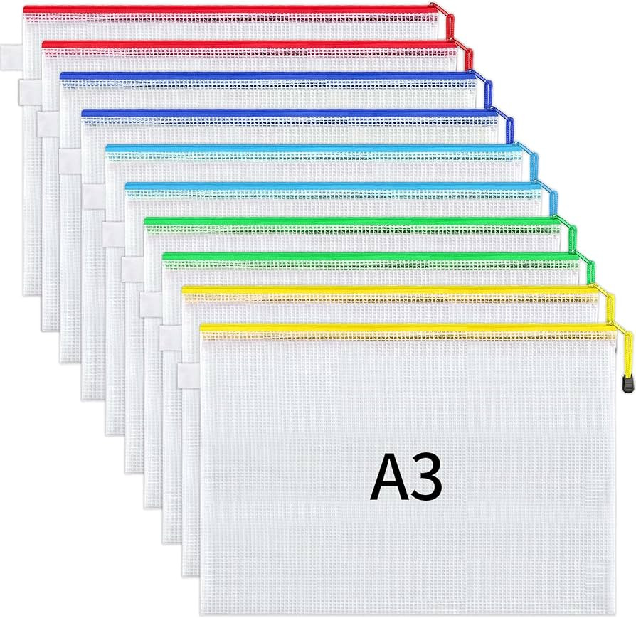 JARLINK 10 Pcs A3 Mesh Zipper Document Pouch, 10 Colors, Waterproof Plastic File Pouches for Orga... | Amazon (US)
