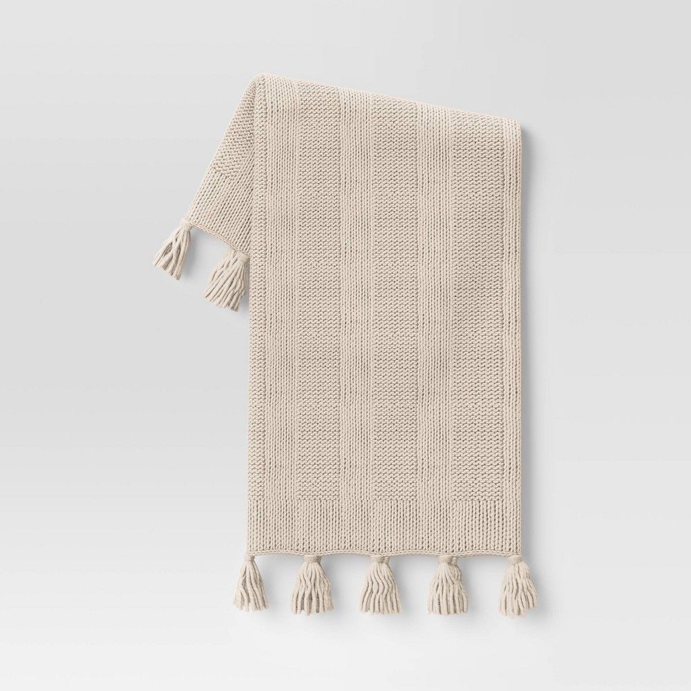 Chunky Knit Striped Holiday Throw Blanket with Tassels Cream - Threshold | Target