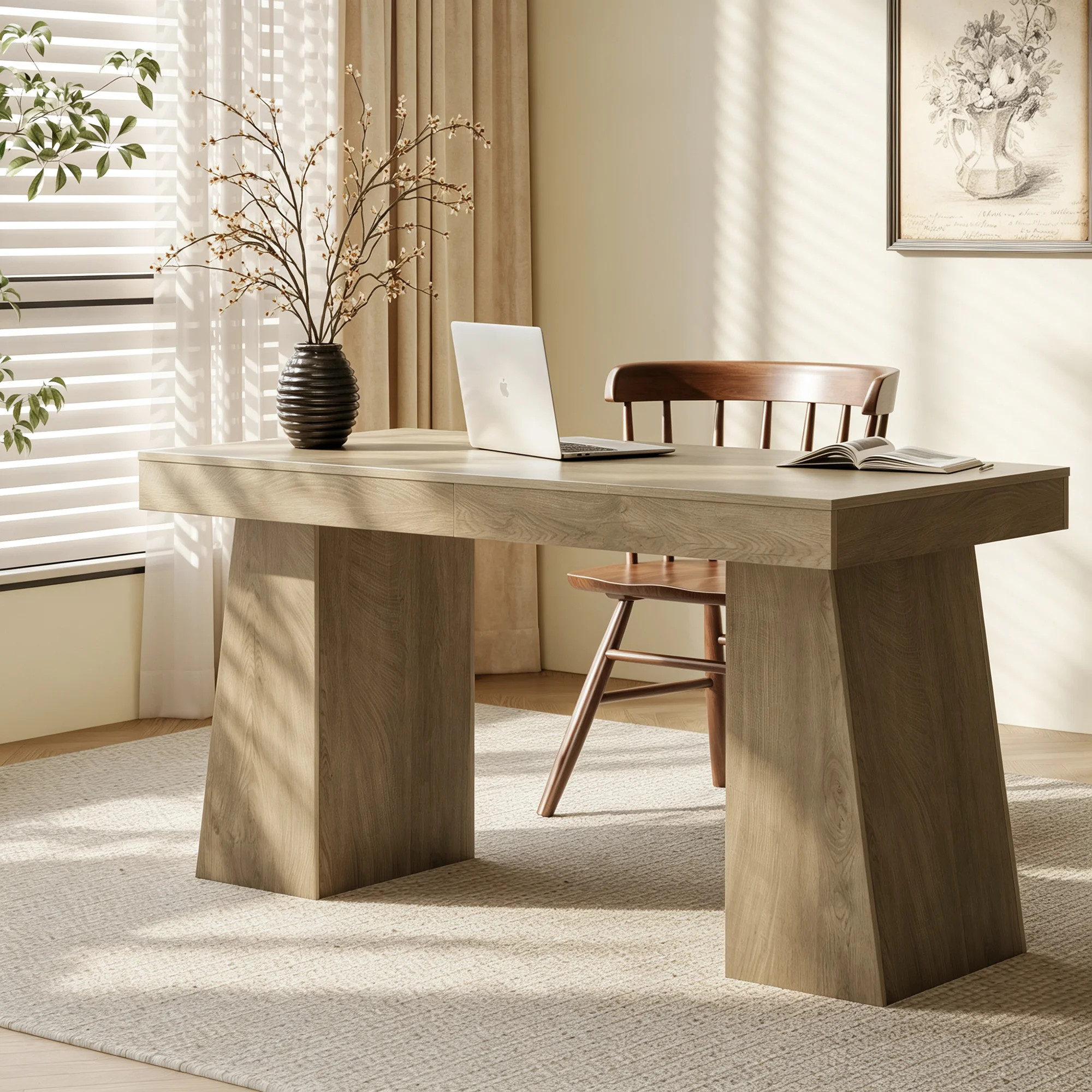 Solid Wood 2-Drawer Desk with Trapezoid Thick Legs | Wayfair North America