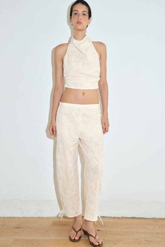 Zara - Sequin Embroidered Bloomer Pants - Ecru - M - Woman | Zara US