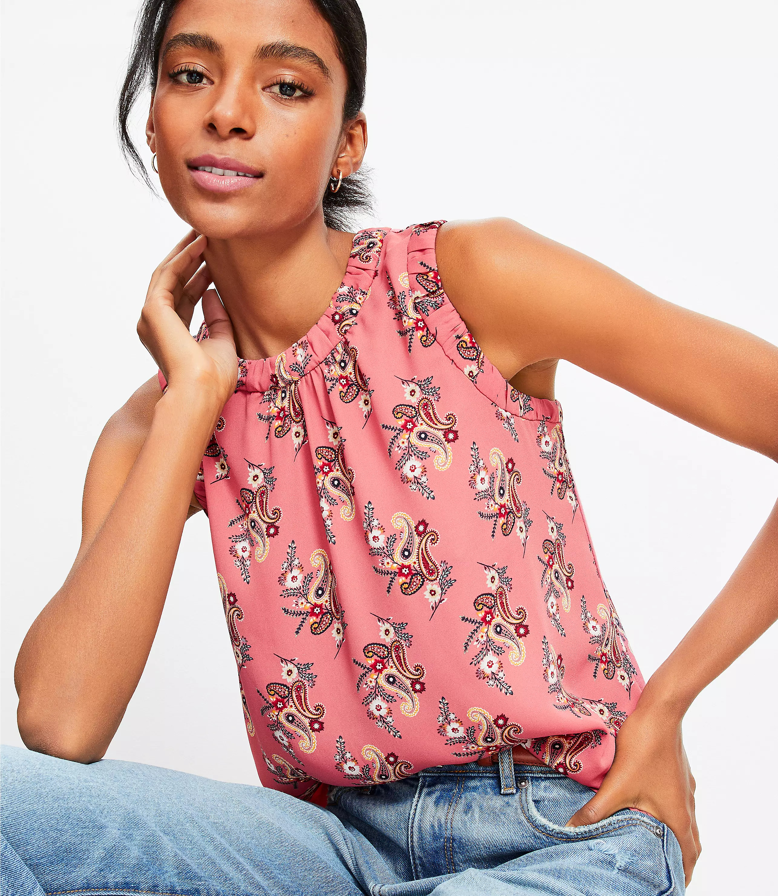 Floral Paisley Ruched Mixed Media Shell | LOFT