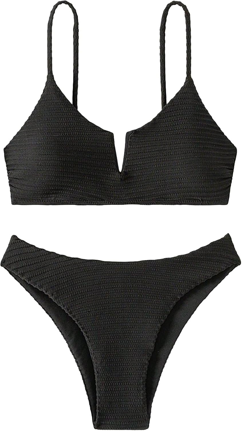 BEAUDRM Women's 2 Piece Plain Tankini Set V Neck Triangle Set High Cut Bikini Swimsuit Bathing Su... | Amazon (US)