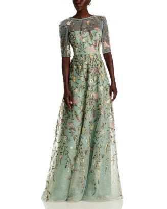 Floral Embroidered Tulle Elbow Sleeve Gown | Bloomingdale's (AU)