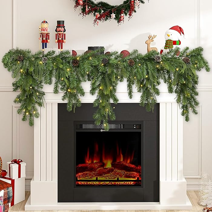 6Ft Cascading Prelit Christmas Garland for Mantel, Thick Green Light-up Garland Decorated with 80... | Amazon (US)