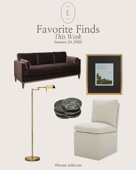 My favorite finds I found while shopping for interior design clients this week! Brown velvet sofa, dark double matte picture frame perfect for shelf decor or wall art, a pharmacy style gold floor lamp, and an upholstered dining chair.

#LTKfamily #LTKFind #LTKhome