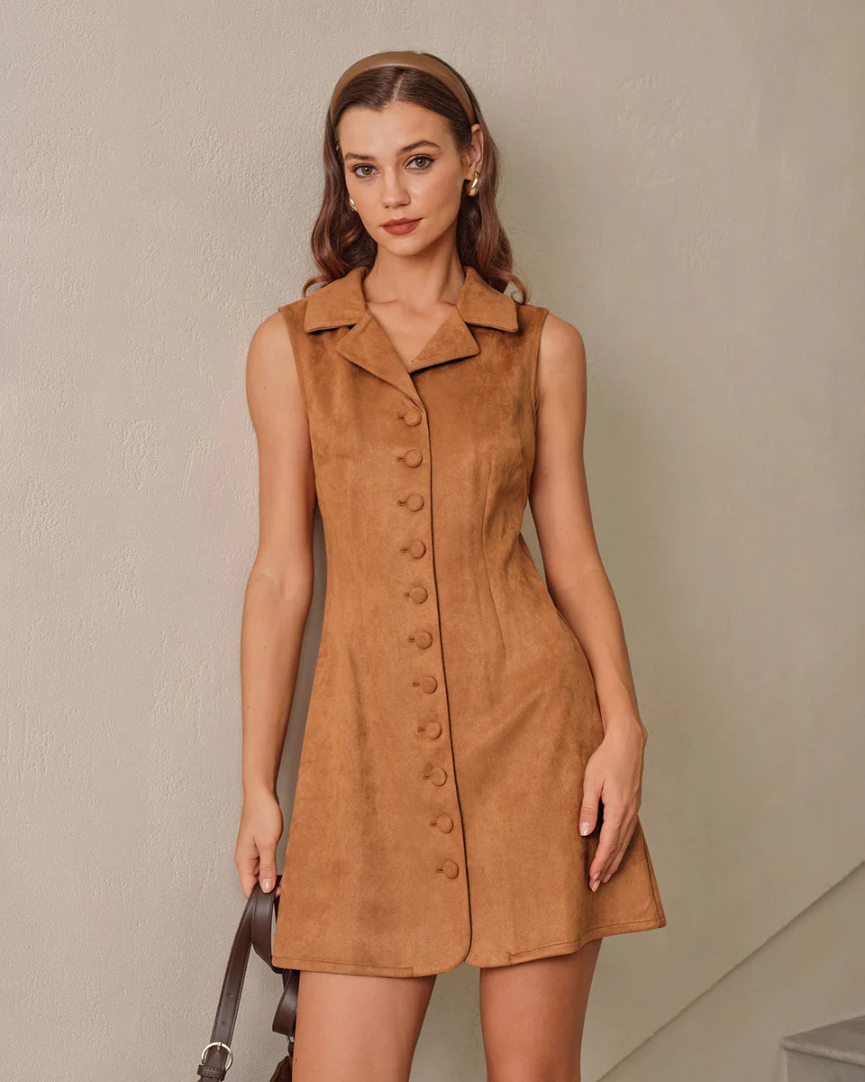 Caramel Suede A-Line Sleeveless Mini Dress | rihoas.com