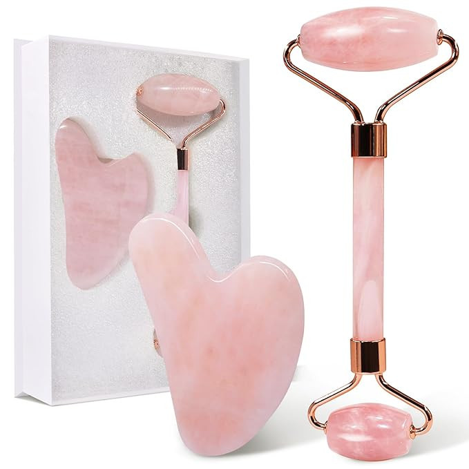 huefull Face Massager Rose Quartz Face Roller & Gua Sha Facial Tool Set, Lymphatic Drainage Massa... | Amazon (US)