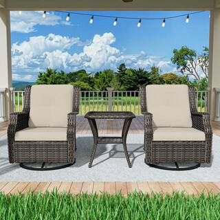 3-Pieces Wicker Outdoor Patio Furniture Sets Swivel Chair Set with Beige Cushion | The Home Depot