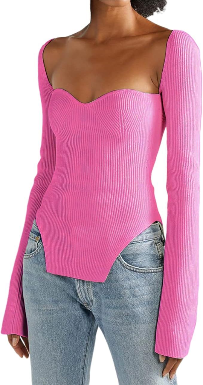 Women's Square Neck Ribbed Knitted Sweater Long Sleeve Crop Slim Fitted Pullover Tops | Amazon (US)