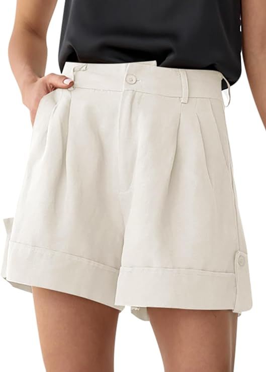 Cicy Bell Women's Summer Linen Shorts Casual High Waisted Button Up Pleated Shorts with Pockets | Amazon (US)