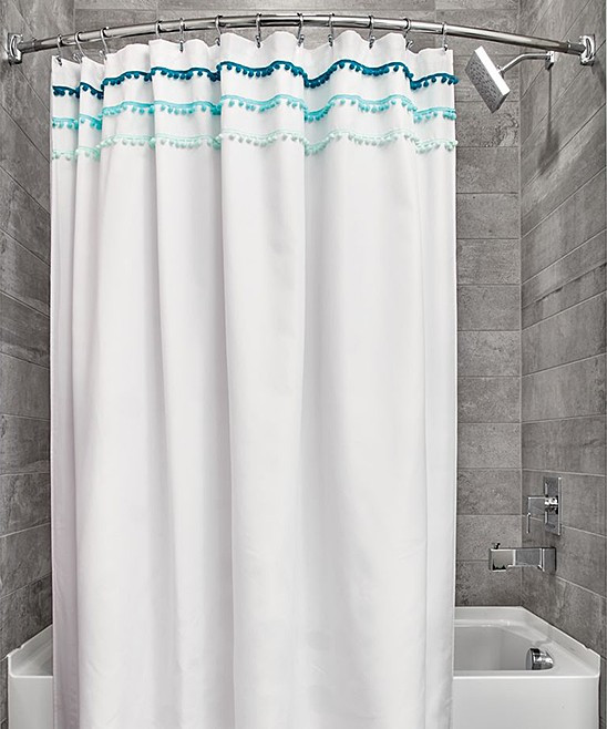 iDesign Shower Curtains White/Blue - White & Blue Pom-Pom Shower Curtain | Zulily