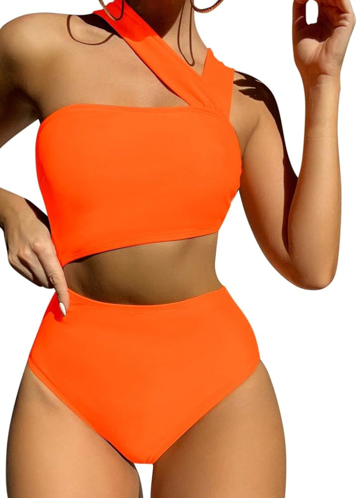 Lilosy Cute Cutout High Waist One Shoulder Piece Swimsuit Bikini Bathing Suit | Amazon (US)