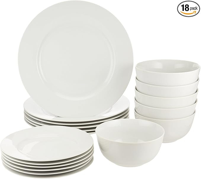 AmazonBasics 18-Piece White Kitchen Dinnerware Set, Dishes, Bowls, Service for 6 | Amazon (US)