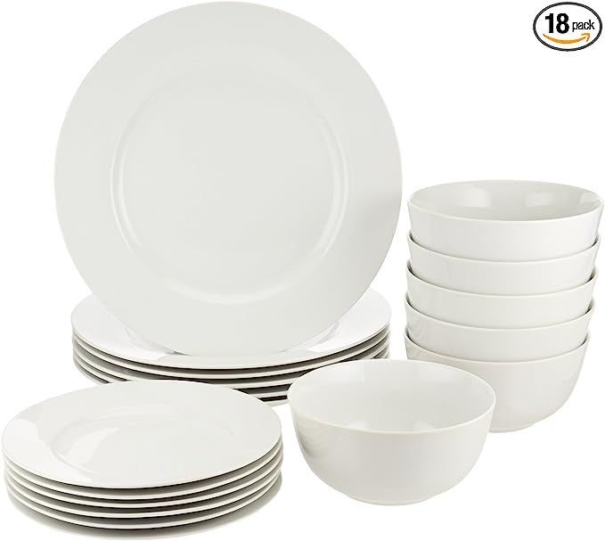 AmazonBasics 18-Piece White Kitchen Dinnerware Set, Dishes, Bowls, Service for 6 | Amazon (US)