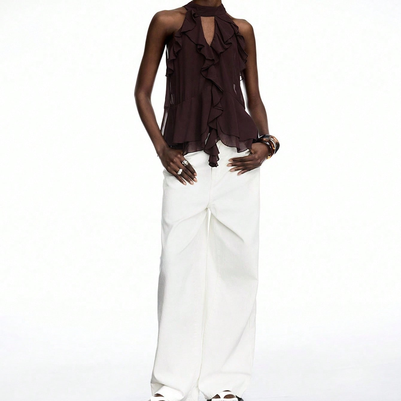 LYSMO 2025 New Arrival Brown Ruffle Chiffon Halter Top With Tie – Boho Summer Style | SHEIN