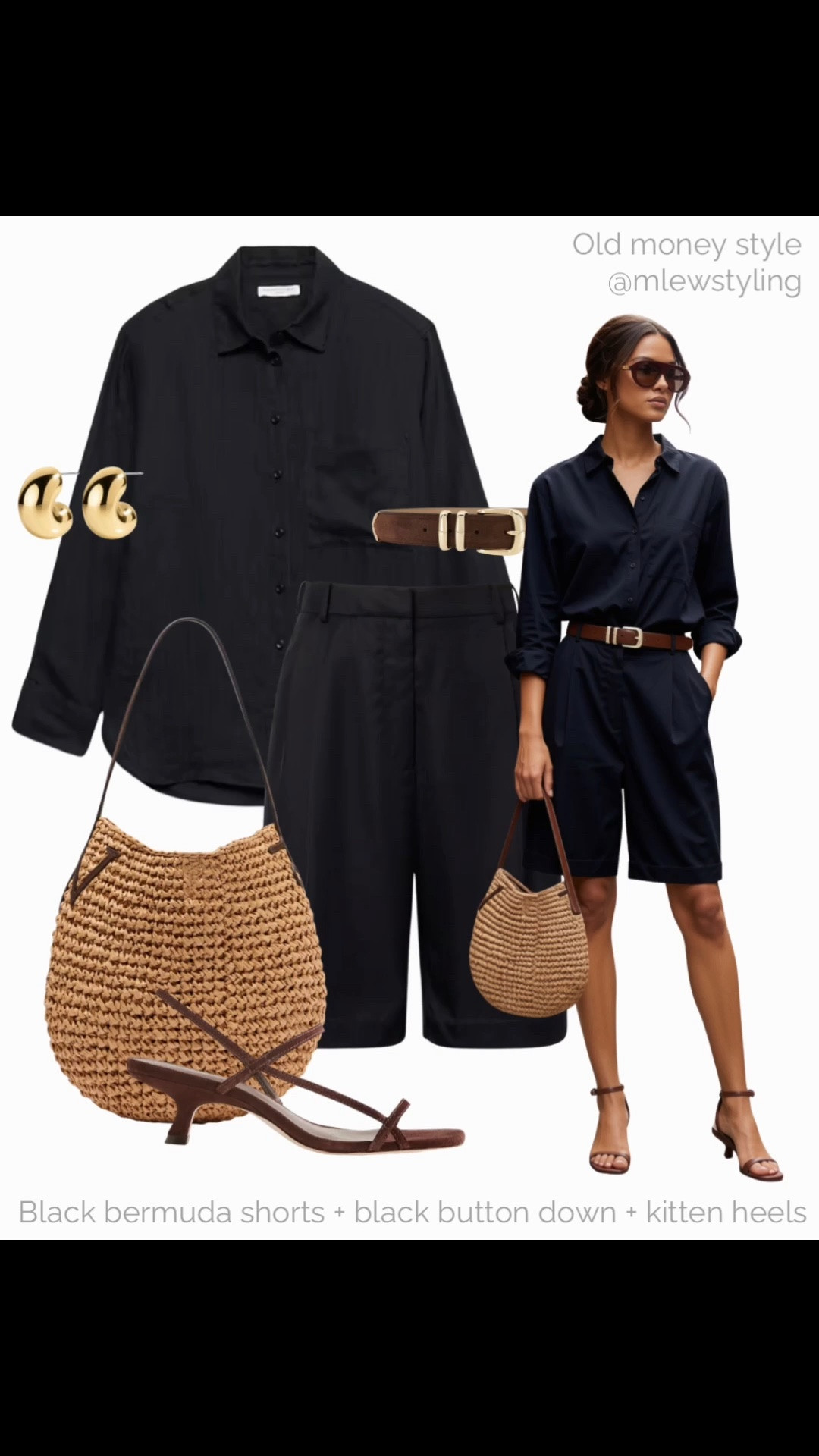 Old money summer outfit ✨

Tags: elevated summer outfit, black button down, pleated Bermuda shorts, reformation sandals, brown belt, gold hoop earrings, raffia bag, capsule wardrobe, outfit formulas, casual workwear, office outfit

#LTKsummer #LTKstyletip #LTKworkwear
