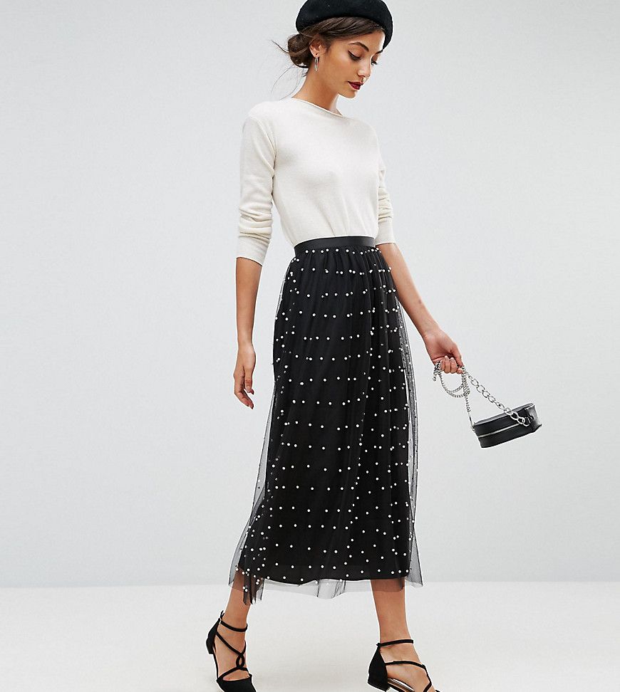 ASOS TALL Faux Pearl Embellished Tulle Fully Lined Midaxi Skirt - Black | ASOS US