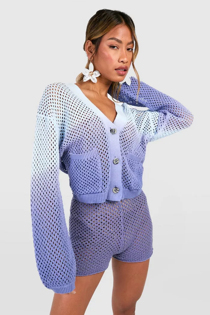 Ombre Crochet Cardigan And Shorts Knitted Set | boohoo (US & Canada)
