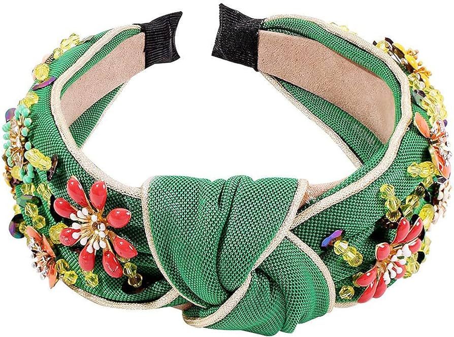 Mantouxixi Green Beaded Headband for Women,Wide Rhinestone Crystal Headbands Hair Hoops Girls - G... | Amazon (US)