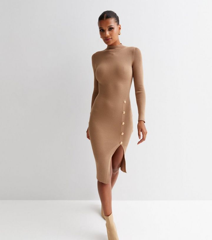 Tan Ribbed Knit High Neck Button Side Midi Dress
						
						Add to Saved Items
						Remove fro... | New Look (UK)