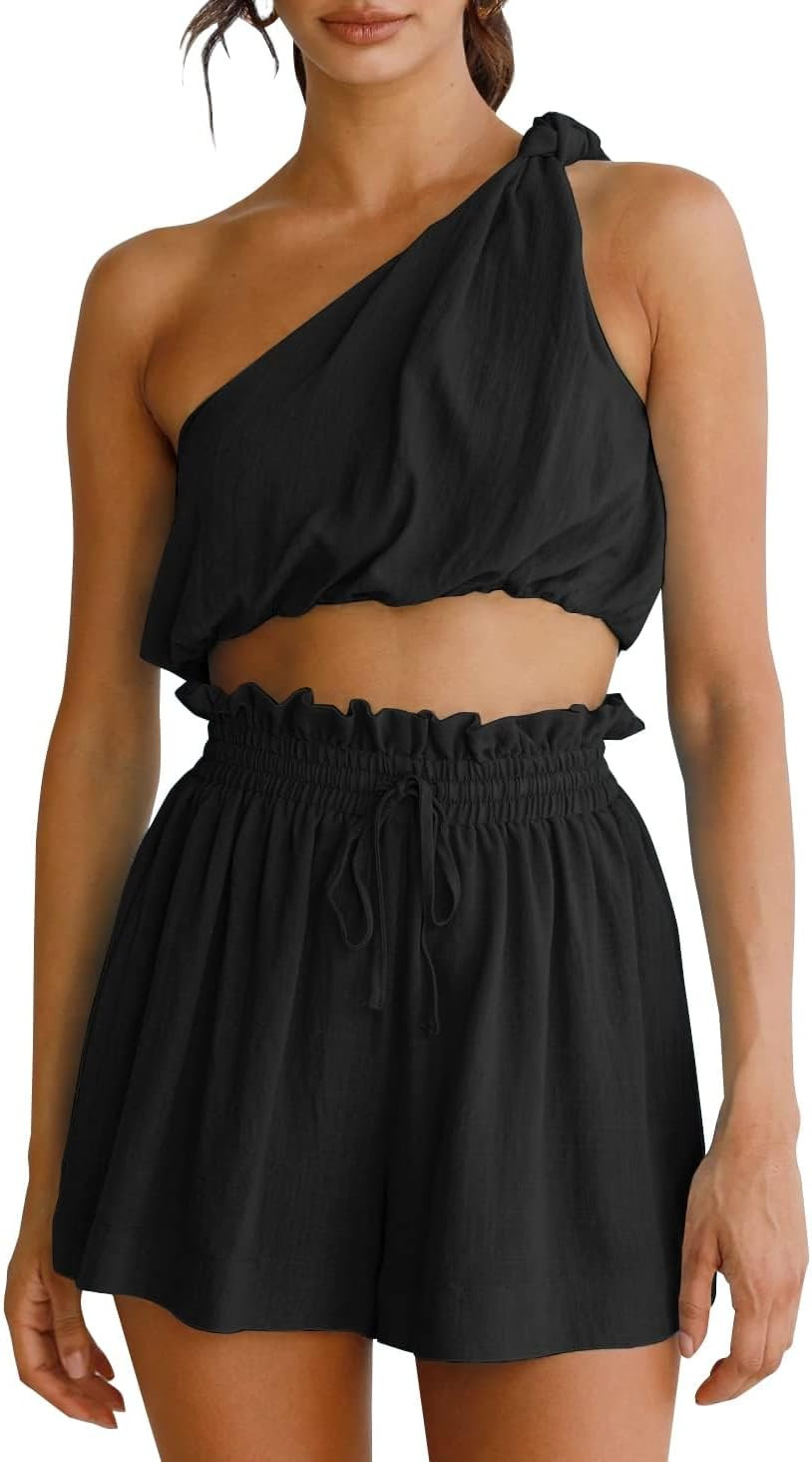Imily Bela Womens 2 Piece Outfits Linen Matching Sets Two Piece Crop Tops and Paper Bag Waist Shorts Sets 2025 Summer Outfits | Amazon (US)