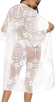 Women's Lace Cardigan Floral Crochet Sheer Beach Cover Ups Long Open Kimono | Amazon (US)