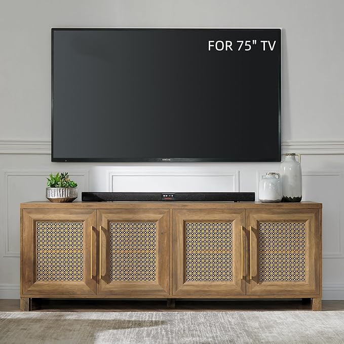 JYED Mid Century Modern TV Stand for TVs up to 75 Inch, with Hollow Metal Mesh Decorated，Boho T... | Amazon (US)
