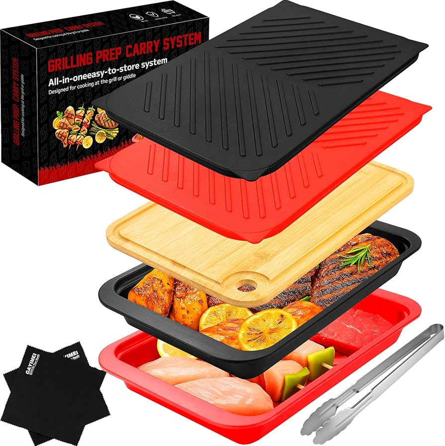 Deep Grill Carry System with Lids, Cutting Board, Tong, Gift Ready BBQ Carry Tray for Prepping, M... | Amazon (US)
