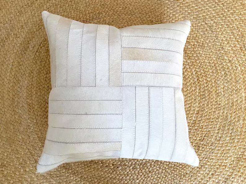 COWHIDE Pillow Cover Quatro Design 18x18 Hair on Hide Leather Handmade White Hide Patchwork. Home... | Etsy (US)