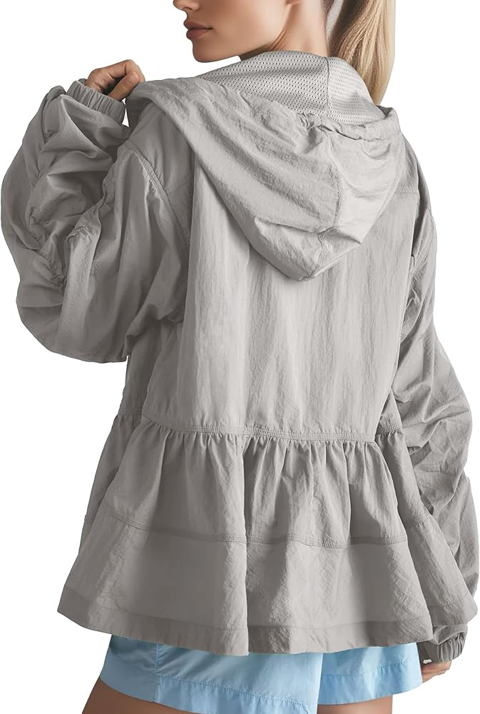 Womens Hooded Babydoll Jacket Lightweight Oversized Windbreaker Coat Casual Drawstring Hoodie | Amazon (US)