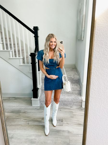 denim dress, western dress, western outfit, white western boots, white cowboy boots, vici dolls, show me your mumu, mini dress, rodeo, country concert (wearing size small in dress — you can get 20% off my boots with code JESSICASAVE20) 

#LTKbump #LTKshoecrush #LTKunder100