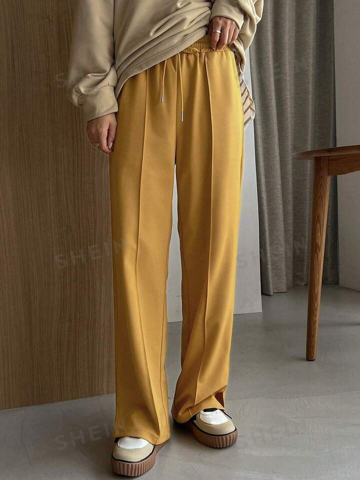 FRIFUL Solid Drawstring Waist Straight Leg Pants | SHEIN