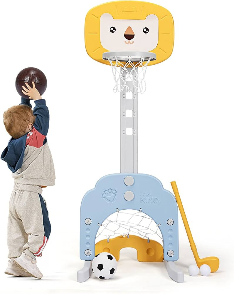 AKUSTIK 3 in 1 Toddlers Basketball Hoop Stand, Adjustable Height Sports Center with Basketball So... | Amazon (US)