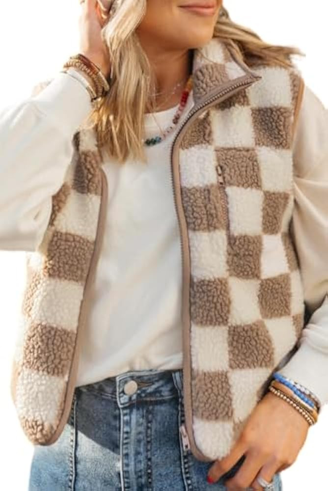 Checkered Sherpa Collared Jacket Vest | Amazon (US)
